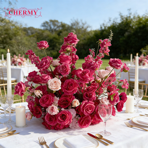 TW018 Centre de table personnalisé pour allée, arrangement de centre de table orange et rose vif, guirlande de plantes et verdure, <span class=keywords><strong>fleurs</strong></span> sauvages - Product Image 5