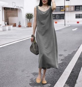 Robe longue en coton et lin faite à la main pour femmes, sans manches, décontractée, coupe évasée, pour l'été, OEM ODM, étiquette privée - Product Image 3