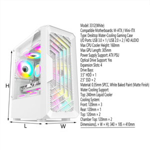 Estuche para PC para juegos Blanco/<span class=keywords><strong>Mini</strong></span>-<span class=keywords><strong>ITX</strong></span> 240mm Radiador superior 120mm X3 Ventiladores de refrigeración frontales USB 3,0 y HD Audio Acabado mate - Product Image 2