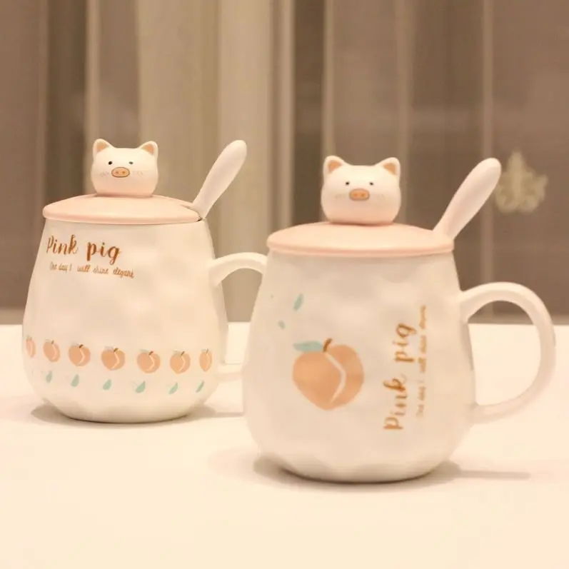 일본 스타일 만화 3D 복숭아 심장 돼지 세라믹 머그잔 대나무와 세라믹 뚜껑 숟가락 선물 세라믹 마시는 사무실 컵