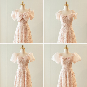 Pink Bridesmaid Dress Empire Waist A-Line Strapless 3D Floral Lace Evening Gown For Wedding Women - Product Image 3