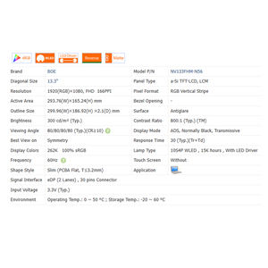 NV133FHM-N56, 300 Cd/<span class=keywords><strong>m</strong></span> 800:1 nuovo No Touch 16:9 portatile schermo LCD modulo 1920*1080 EDP 30 pin 13.3" - Product Image 6