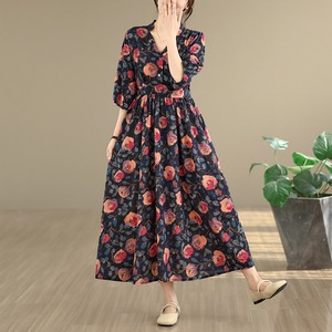 Nouvelle Robe Longue d'Été 2026 en Coton et Lin à Imprimé Floral, Style <span class=keywords><strong>Chic</strong></span> Français, Taille Haute Nouée, Grande Taille, Vente en Gros - Product Image 1