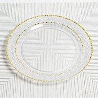 Assiettes en plastique jetables transparentes très résistantes 7/9/10 pouces avec bord doré moderne pour traiteur, mariages, fêtes, banquets, restaurants, hôtellerie