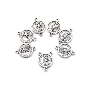 Pendentif rond en alliage de zinc, style antique argenté, avec deux trous, pour collier de chapelet, accessoire de bijouterie DIY, motif Saint-Michel. - Product Image 1