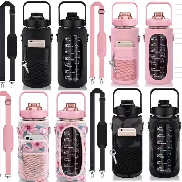 Half Gallon Large Capacity 2L Plastic Wide Mouth Pink Sports Water Bottle With Carry Strap Cellphone Holder And Storage Sleeve