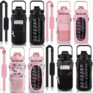 Half Gallon Large Capacity 2L Plastic Wide Mouth Pink Sports Water Bottle With Carry Strap Cellphone Holder And Storage Sleeve