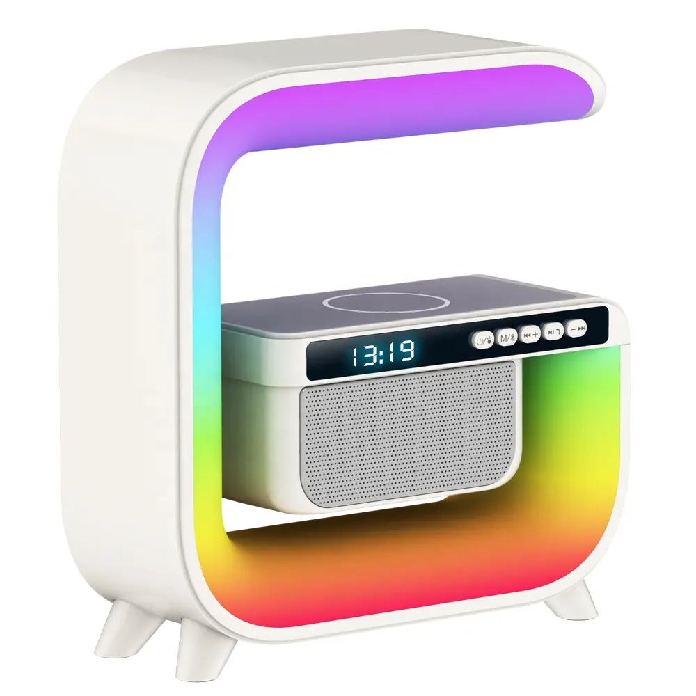 Benutzer definiertes Logo Desktop Wireless LED-Lautsprecher Unterstützung 15W Qi Schnelllade-LED-Atmosphäre leuchtet Digital alarm