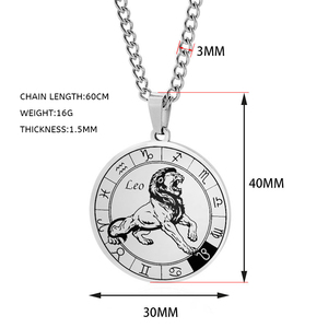 Unisexe 12 Signes <span class=keywords><strong>Du</strong></span> Zodiaque Plaque Ronde Charme Collier En Acier Inoxydable Chaîne En Gros Hommes Bijoux Pendentif Collier pour Femmes Hommes - Product Image 5