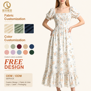 Abito Estivo Elegante in Chiffon con Stampa Floreale, Vestito Lungo Francese a Maniche Corte per Donna, Abiti Casual da Donna all'Ingrosso - Product Image 1