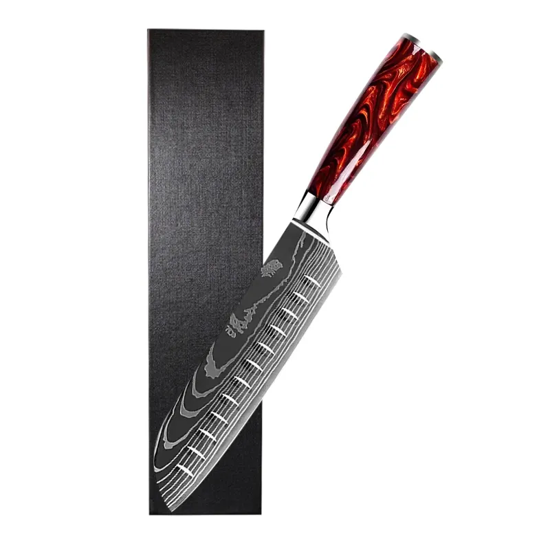 Factory Hand-made 7" Professional japanese Kitchen Knife Damascus Steel Santoku Knife with Red Resin Handle
