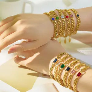 Wasserdichter Schmuck 18 Karat vergoldet Bunte Kristall Chunky Armband Armreif Edelstahl Zirkonia Cuban Link Armband Frauen