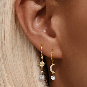 Pendientes de Aro con Borla de Estrella y Luna S925, Pendientes de Estrella de Ocho Puntas Brillantes - Product Image 3