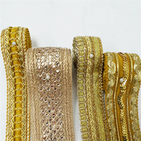 En gros, garniture de dentelle à bordure or et argent pailleté, tissée, pour vêtements ethniques, avec sangle tressée et ruban en fil métallique
