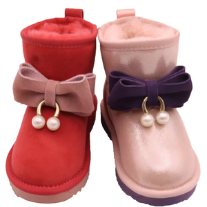 Bottes d'hiver pour enfants en gros ODM/OEM, couleur or rose avec nœud violet et décorations de perles, doublure chaude en fausse fourrure, semelle antidérapante - Product Image 3