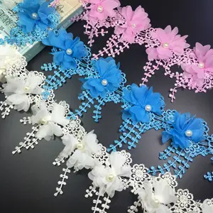 Toptan çok renkli 3D şifon boncuk dekoratif aksesuarlar polyester dantel trim 17 çiçek başına yard XF13