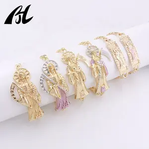 Männer Pulse ras Oro Laminado 14 Karat 18 Karat vergoldeter religiöser Schmuck Heiliger Tod Santa Muerte Armband Charms Großhandel