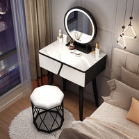 Vente en gros en usine Miroir Led rond élégant et contemporain Tiroirs de conception géométrique uniques Coiffeuse à pieds noirs