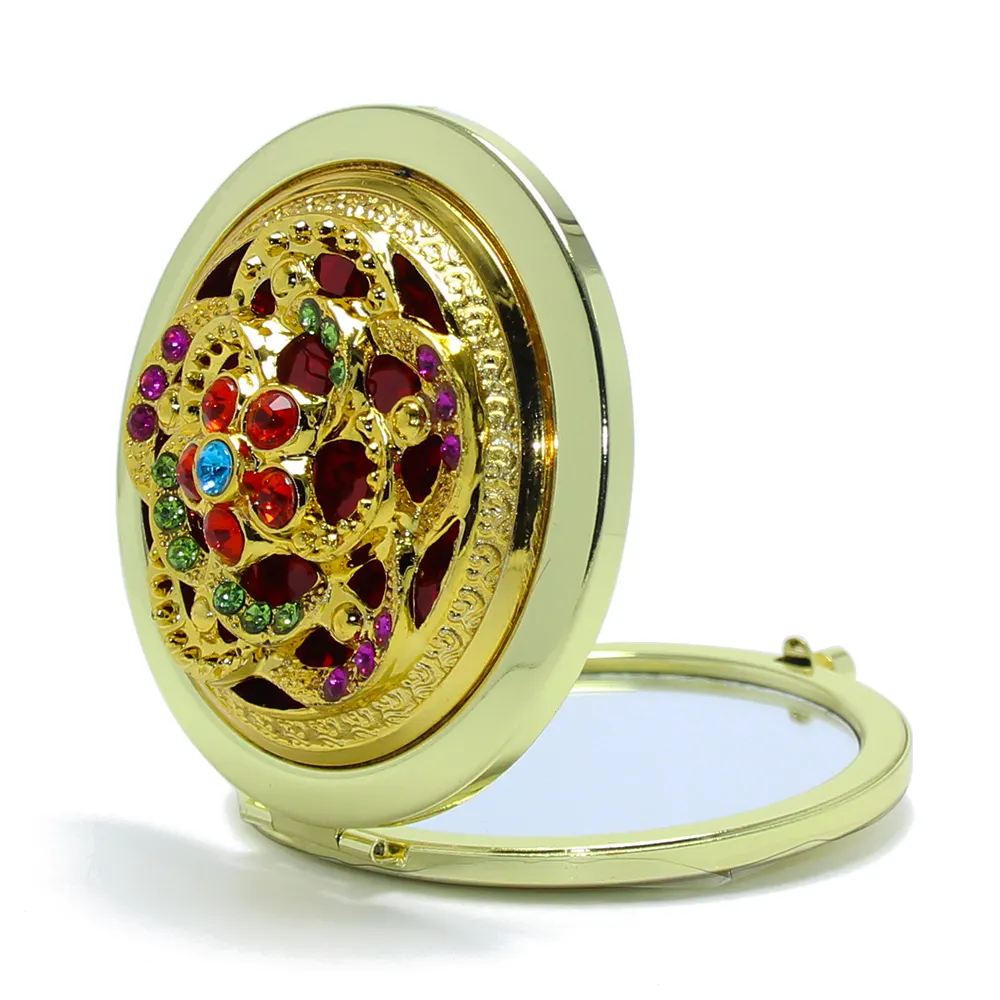 Fashion Beauty Makeup Creative Cosmetic Mirror Vintage Gifts Gold Metal Crystal Rhinestones Jewel Pocket Mirror
