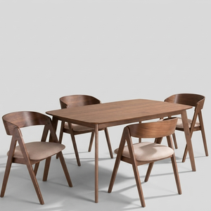 Ensemble de salle à manger moderne élégant 5 pièces, table en teck massif élégante, chaises confortables à dossier incliné, hôtel, appartement, villa - Product Image 1