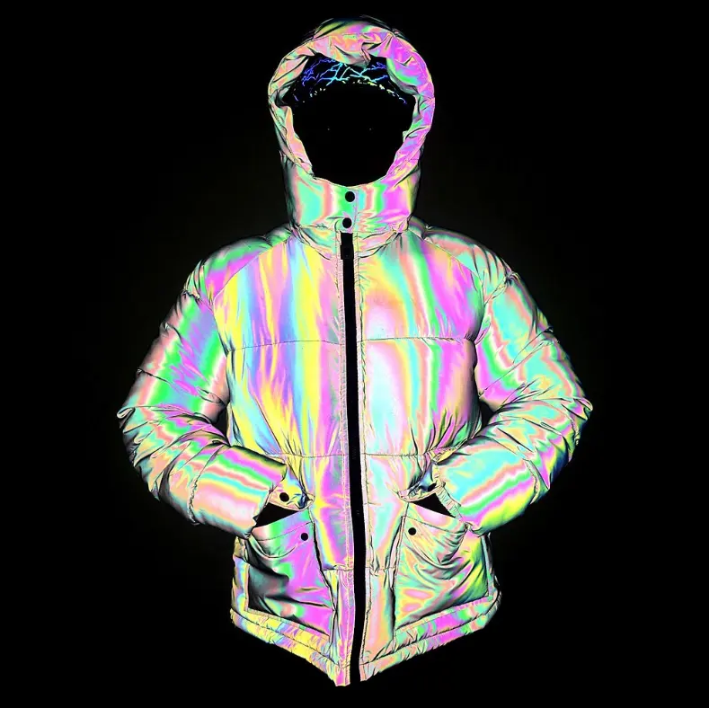 Logotipo personalizado na moda íris de alta visibilidade reflexivo bolha inverno outwear soprador casaco bomber acolchoado jaqueta com capuz para homens