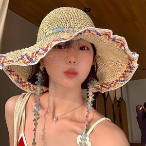 Sombrero de paja de ala ancha de estilo étnico para mujer, color beige y marrón, para verano, playa, protección solar, resistente al viento, sombrero de pescador para mujer adulta - Product Image 3