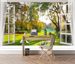 Mural <span class=keywords><strong>de</strong></span> Arte <span class=keywords><strong>de</strong></span> pared natural con Vista <span class=keywords><strong>de</strong></span> ventana realista con ciervos y palomas para decoración Interior tranquila papel tapiz impermeable para dormitorio - Product Image 4