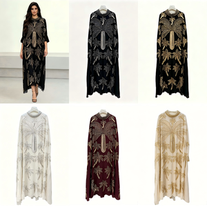 Robe Abaya en Chiffon à Col Rond et Manches 3/4, Style Dubaï, Noir et Or, Ornée de Perles, Kaftan Modeste, Robe Longue Maxi pour Femme, Vente en Gros - Product Image 2