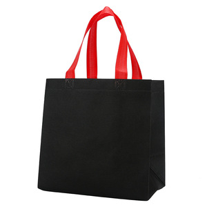 Bolsa de tela no tejida negra con asas rojas, impresión por transferencia térmica, plegable, para compras, embalaje general, origen Wenzhou - Product Image 1