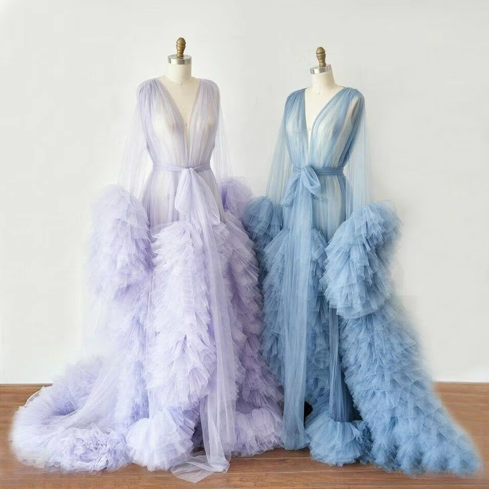 Maternity Dresses Pregnant Gowns Pink Size S Long Sleeves Robe Tulle Puffy Ruffles Bathrobe Dress For Photoshoot Photography