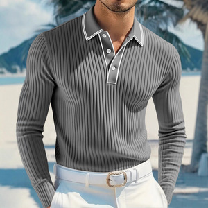 Polo de Manga Larga para Hombre, Diseño con Botones, Tejido Acanalado, Uso Diario, Cuello con Ribete Blanco, Color Granate, Corte Regular - Product Image 4