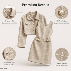 Elegante Completo <span class=keywords><strong>Tweed</strong></span> da Donna 2 Pezzi, <span class=keywords><strong>Giacca</strong></span> Corta con Colletto a Risvolto + Abito Senza Maniche con Bottoni di Perle per l'Ufficio Autunno-Inverno - Product Image 2