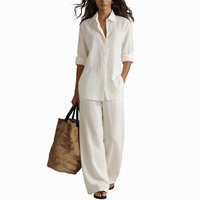 Ensemble 2 pièces décontracté femme printemps/été, haut et pantalon longs en coton-lin, sans repassage, couleur unie