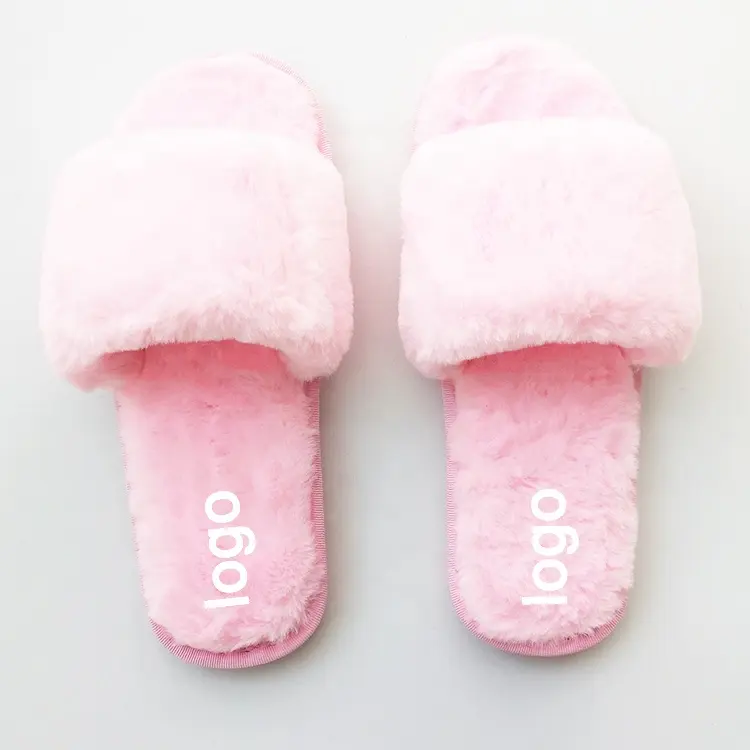 wholesale Winter Custom logo Fuzzy Faux Fur Slipper Flat Fluffy Open Toe House Shoes Light Pink Slippers for the UK Women