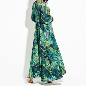 Robe longue décontractée personnalisable pour femme, collection automne-été, à manches lanternes, imprimé floral, col en V sexy, manches longues et ourlet à motif feuille - Product Image 2