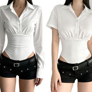 Body de Color Sólido para Mujer, Tejido, Sexy, con Cintura Descubierta, Corte Ajustado, Cuello con Botones, Manga Larga, Oferta de Verano - Product Image 1