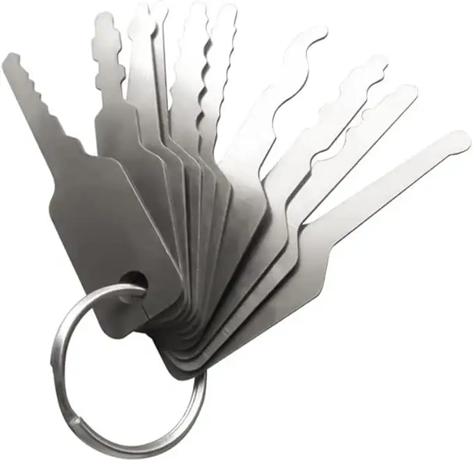 10 buah/Set kunci Jiggler baja tahan karat, kunci mobil dua sisi, Set kunci perbaikan terbuka, dapat digunakan pada Pin Tumbler dan mekanisme Wafer