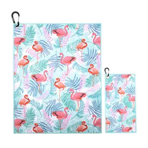 High Quality Microfibre Golf Towel Blue Flamingo Pattern Golf Towel Clip 2Pcs/Set Sublimation Golf Towel