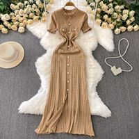 Robe longue moulante décontractée pour femme, tricotée, à manches courtes, boutonnée, fendue, 5 couleurs, TAILLE UNIQUE