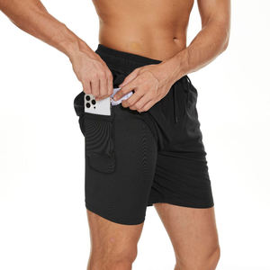 Pantalones cortos de gimnasio deportivos de ocio doble para hombre, pantalones cortos negros de secado rápido con cordón de cintura media, estilo Formal tejido sólido - Product Image 1