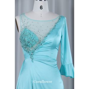Une épaule Satin Broderie De Luxe Cristal Turquoise Bleu Aline Moderne Dos Nu Robe De Soirée Col Haut Arabe Longueur Au Sol - Product Image 4