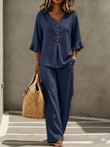 Wholesale Western Style Women 2 Piece Set V-neck Button Ruffle 3/4 Sleeve Top and <b>Pants</b> Set Private Label Tracksuit - Product Image 3