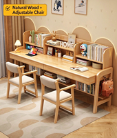 Bureau d'étude double en bois massif avec étagère, réglable en hauteur, pour deux enfants