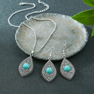 Ensemble de bijoux vintage en argent tibétain, collier et boucles d'oreilles en turquoise en forme de goutte d'eau pour femmes, mode de fête - Product Image 1