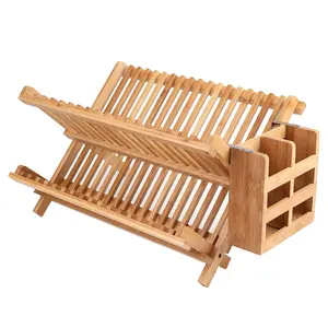 Rack de secagem de louça de bambu, escorredor de louça dobrável, com suporte de utensílio para pratos, copos e louças
