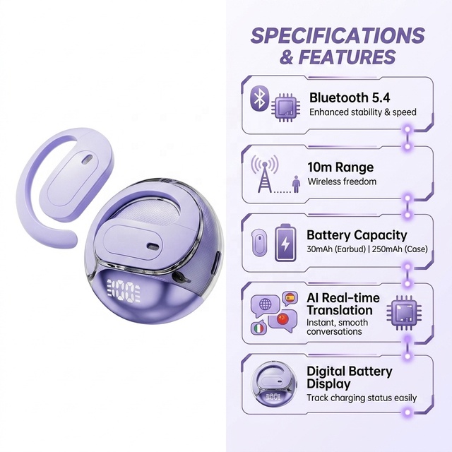 M112 AI Translator Earbuds BT V5.4 Smart Wearable OWS Real-Time Translation NON Noise Cancelling TWS for Travel Business Study