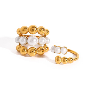 Anillo de Perlas de Oro de 18k con Diseño de Bola de Acero Inoxidable, Forma Geométrica, Engaste de Bisel, Joyería Unisex para Uso Diario - Product Image 1