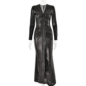 European American Style V Neck Long Sleeve Slit Maxi Dress Women Elegant Sexy Tight Fitting Full Length Evening Gown - Product Image 5