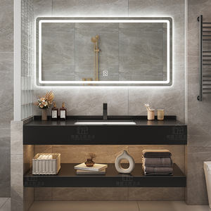 Light Luxury Black Bathroom Vanity Unit with LED Lights Smart Honeycomb Mirror Ceramic Basin MDF Wall-Mounted <b>Display</b> Shelf - Product Image 4