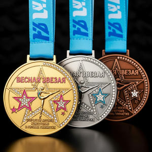 Médailles de compétition de danse personnalisées Or Argent Bronze <span class=keywords><strong>Trio</strong></span> avec strass Design étoile de gymnastique 3D - Product Image 1